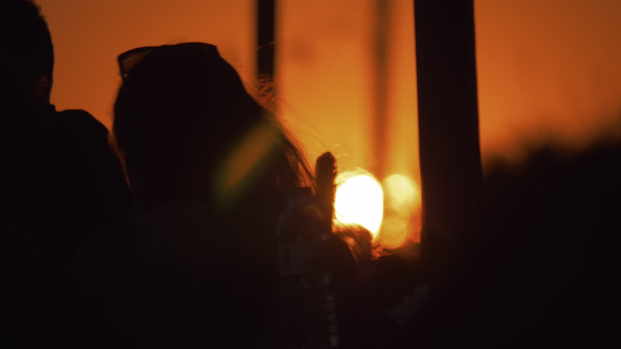 황금빛 해가 지는 여름 장면을 배경으로 한 여성 실루