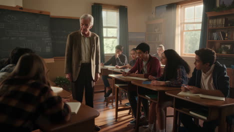 teacher lectures a diverse group of students in a sunlit classroom