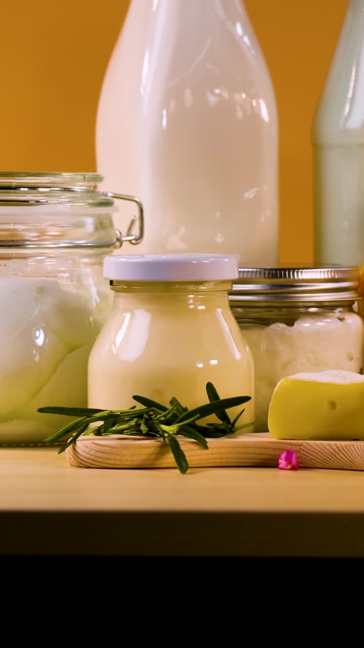 식탁 에 끔 하게 배열 된 여러 가지 유제품