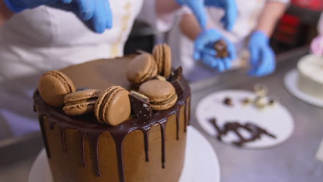 tasty chocolate cake beautifully decorated in the food factory. pastry professionals put the sweets on top of the big cake. close up.