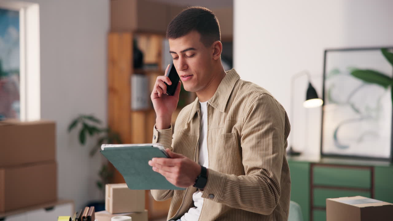 Man taking a phone call while holding a tablet in an office setting