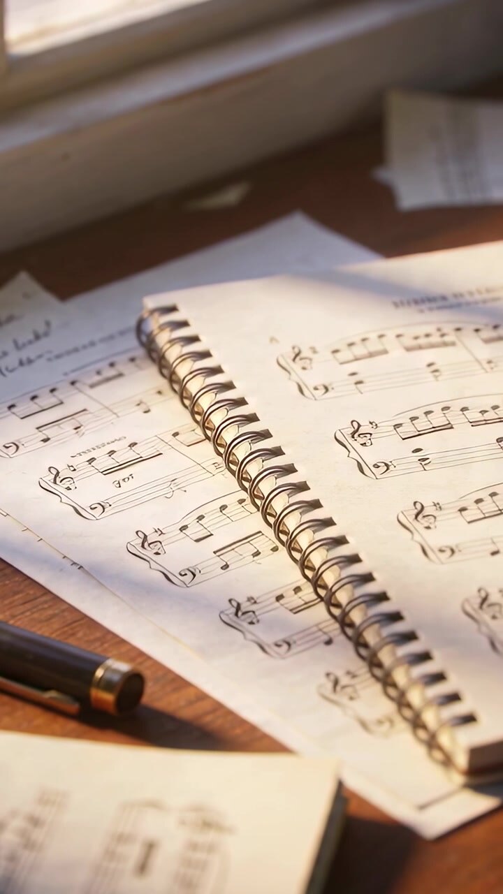 Vertical video: Shifting camera drawing spiral notebook on desk by window to reveal music with pen
