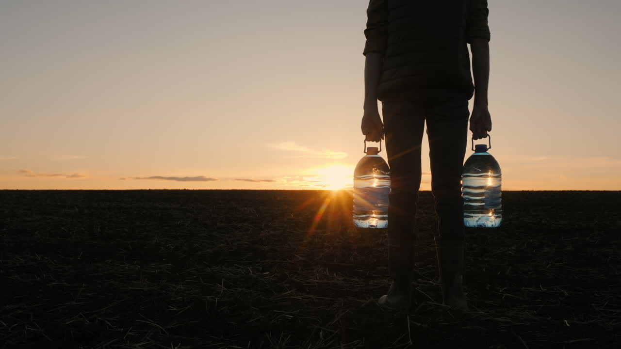 에서 해가 지는 때 물 병 을 들고 있는 사람