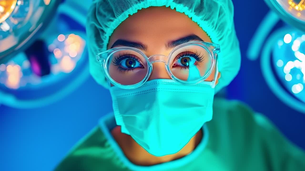 A woman wearing a surgical mask and goggles in an operating room