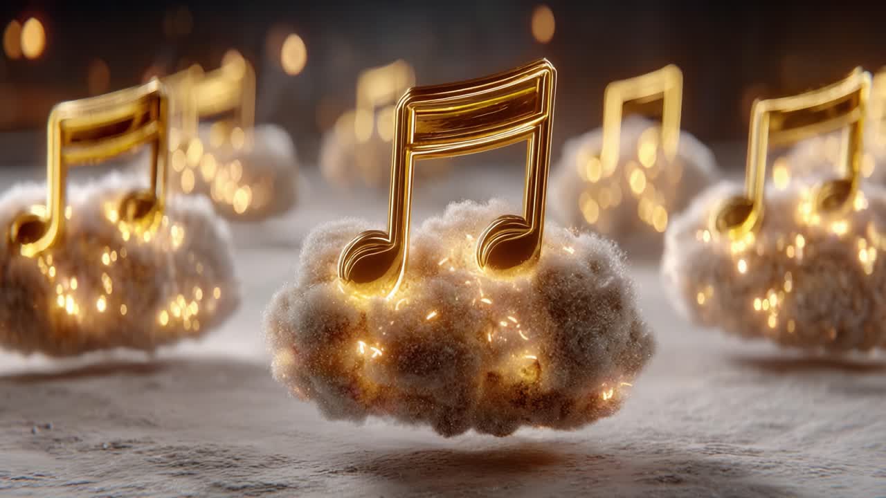 Ethereal Music Clouds: Enchanting Notes Floating on Soft Fluffy Bases, Illuminated by Glimmering Lights, Creating a Dreamlike Atmosphere of Harmony and Serenity