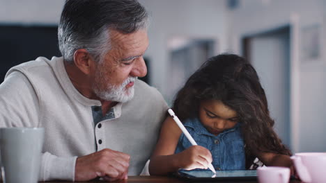 Älterer-Mann-Spricht-Mit-Enkelin,-Während-Sie-Einen-Stift-Und-Einen-Tablet-Computer-Verwendet,-Nahaufnahme,-Handheld