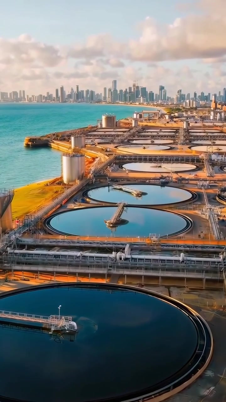 Aerial View of Coastal Water Treatment Plant with City Skyline