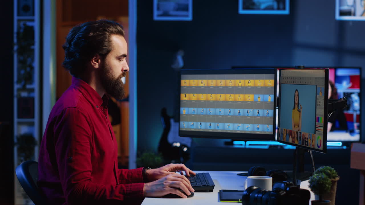 editor de fotos tomando un descanso después de hacer la gradación de color en las imágenes, relajándose usando un teléfono inteligente