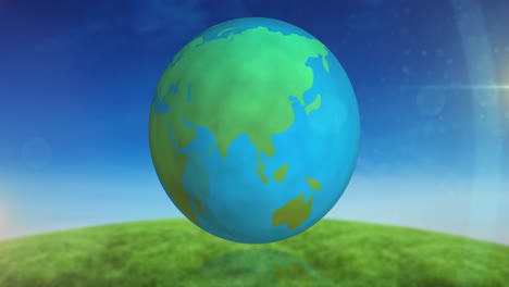 Animation-of-blue-and-green-globe-spinning-over-sky-and-grass-landscape