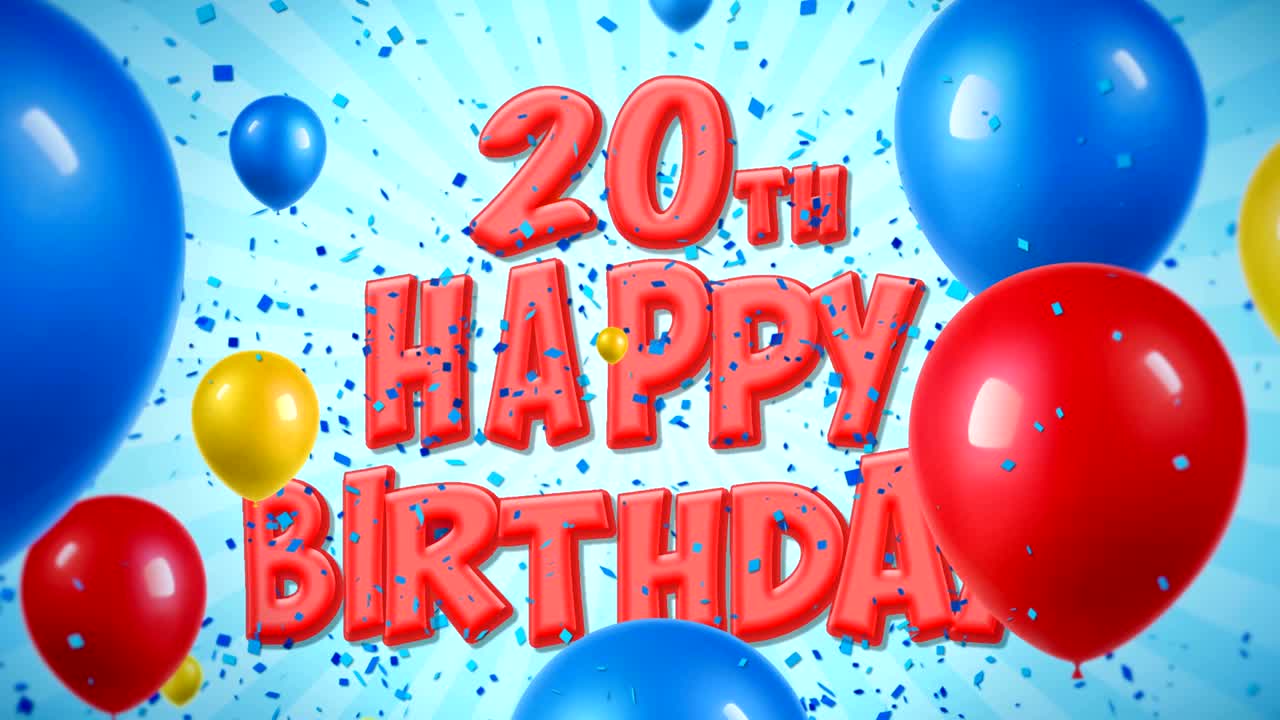20 cumpleaños feliz texto rojo aparece en confeti popper explosiones cayendo y partículas de brillo, coloridos globos voladores animación de bucle sin fisuras para deseos saludos, fiesta, invitación, tarjeta.