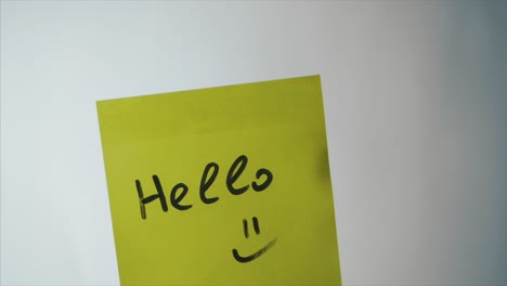 hand holding a yellow sticky note with the word hello and a smiley face