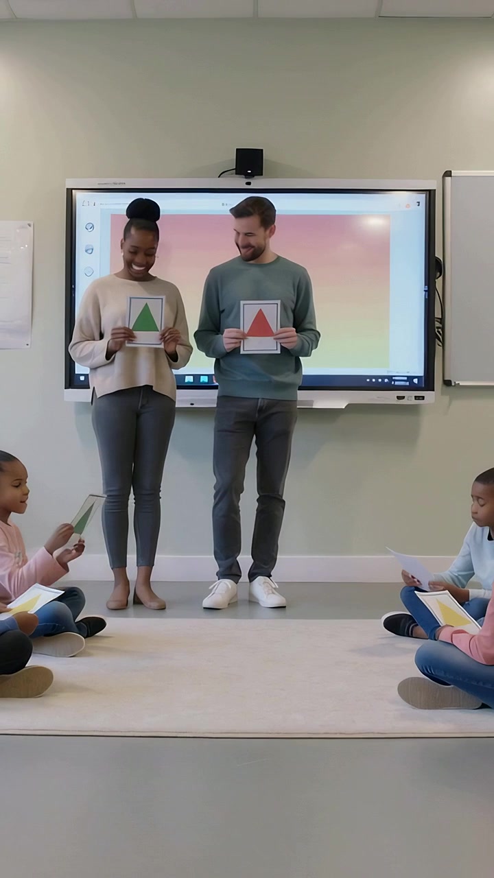 Vertical video: Showing adults in beige green tops holding color triangles by monitor, kids raising