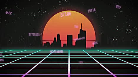 animación del procesamiento de datos financieros sobre el paisaje urbano