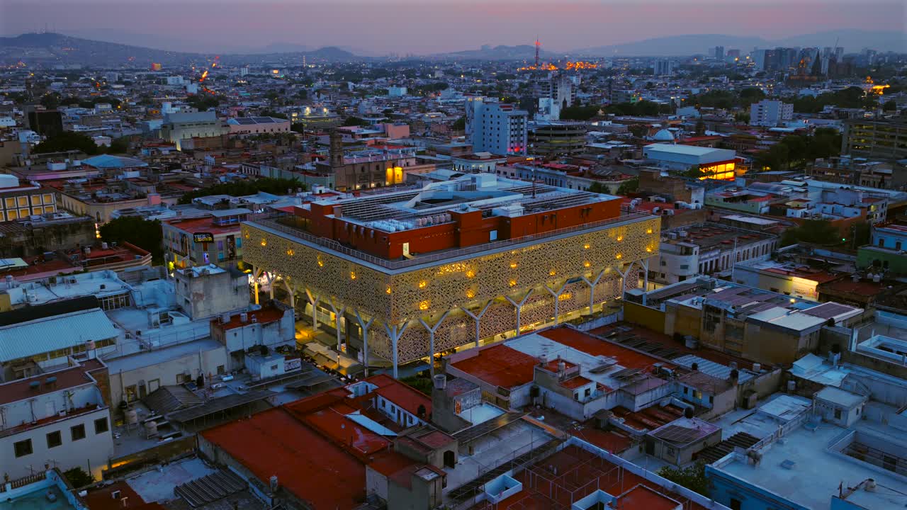 Illuminated Mercado Corona in Guadalajara city center, Jalisco, Mexico. Aerial orbit