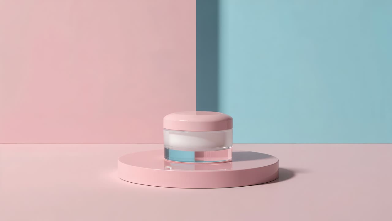 Starting rotation platform carrying pink cosmetic jar around split backdrop showing contours