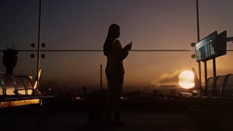 full body back view of asian businesswoman with rolling suitcase in boarding lounge of airline hub, using smartphone while waiting for flight, airport terminal with airplane takes off outside the window