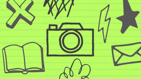 hand-drawn camera icon animation symbolizes global digital communication on green paper.