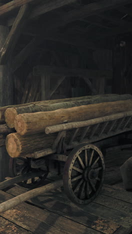 a wooden cart loaded with logs in a rustic barn