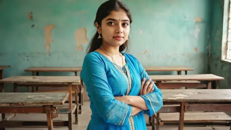 confident female educator wearing blue traditional attire standing with crossed arms inside modest rural classroom, symbolizing learning challenges in developing world educational systems