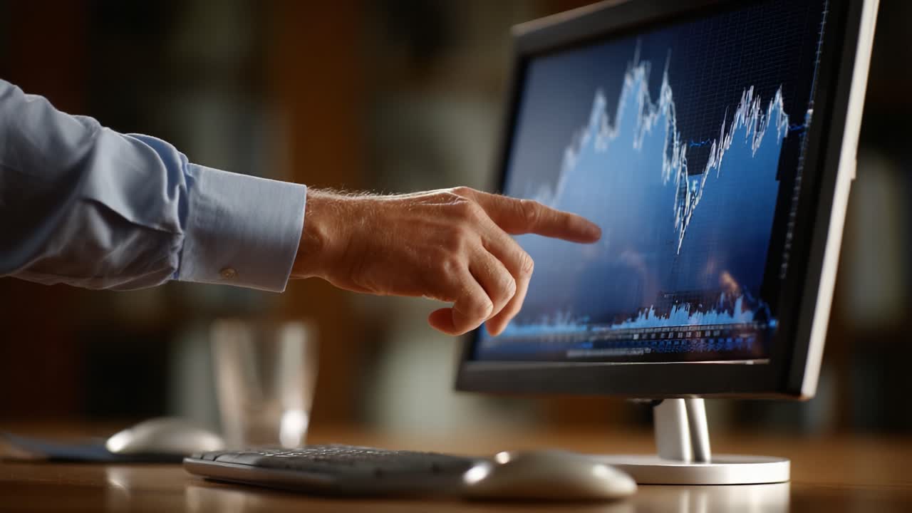 Analyzing Financial Data on a Computer Screen: A Person's Hand Points at Stock Market Trends and Graphs in a Bright Office Setting