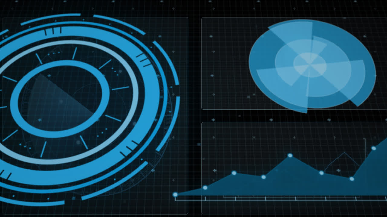 animación de la interfaz con escáner redondo y procesamiento de datos contra un fondo negro