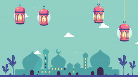 ramadan celebration background with mosques and lanterns