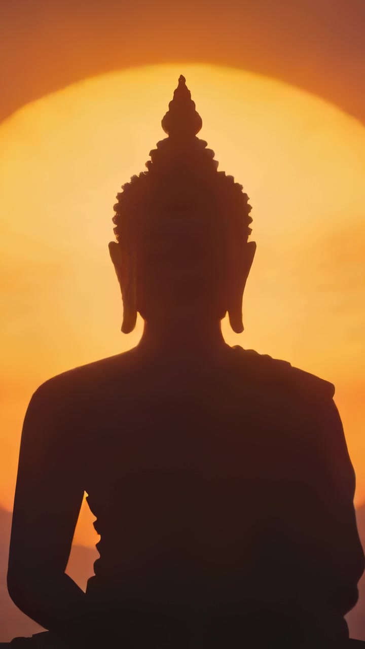 Video verticale: Telecamera in movimento che centra il sole basso dietro la veste di un Buddha seduto al tramonto, formando un'aureola.