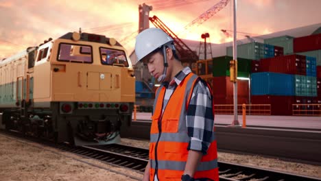 side view of asian male engineer with safety helmet having a headache while working with freight cargo train at port