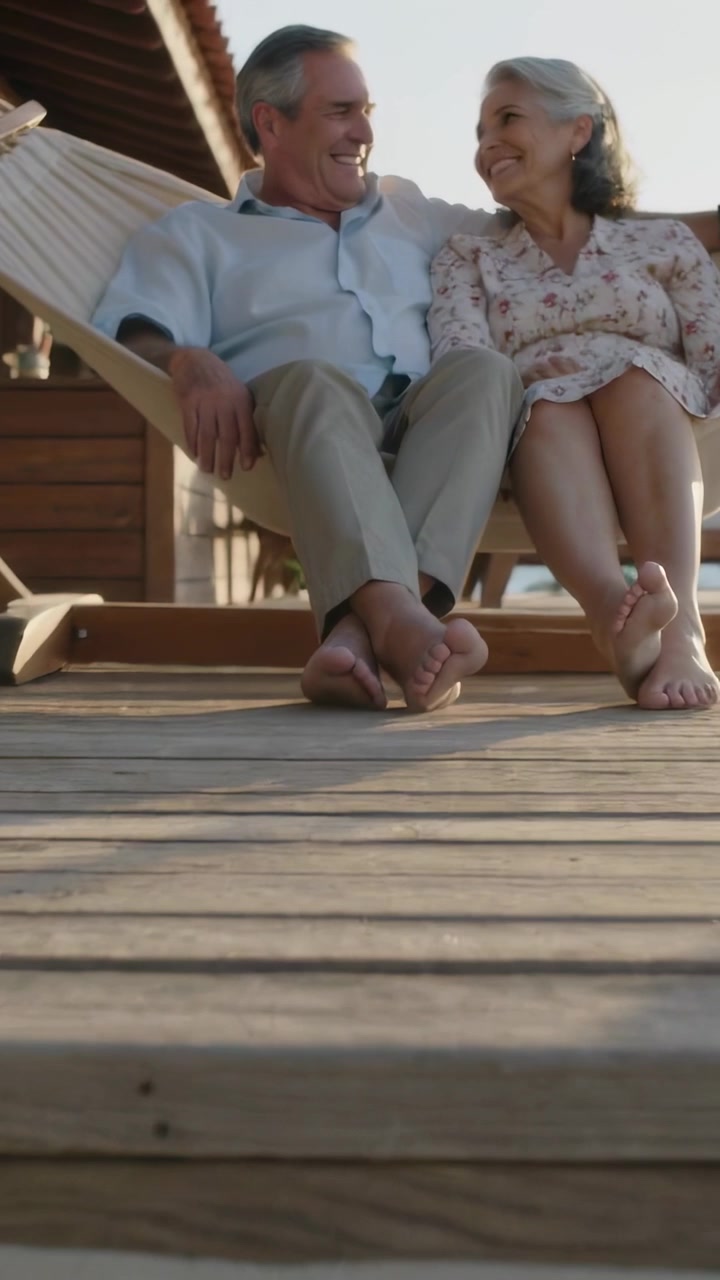 Vertical video: Camera panning up seniors sitting on hammock turning smiling casual, relaxing