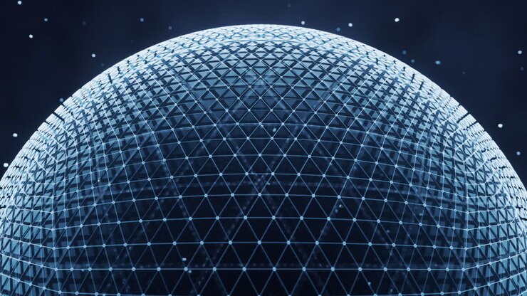 Sfera digitale con struttura a linee luminose, rendering 3D