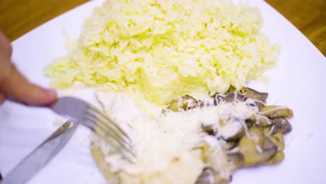 chuleta de pollo con crema y hongos, crema fresca, queso, arroz en un plato cuadrado