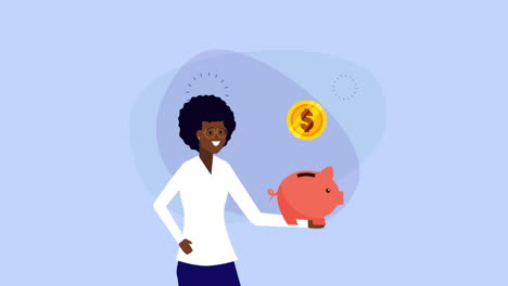 afro businesswoman with piggy savings money animation