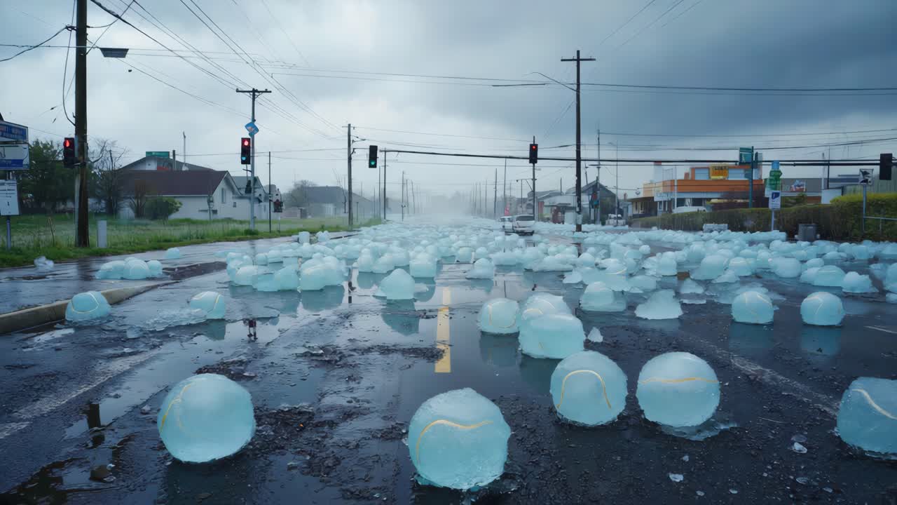 Street covered in large hailstones after storm