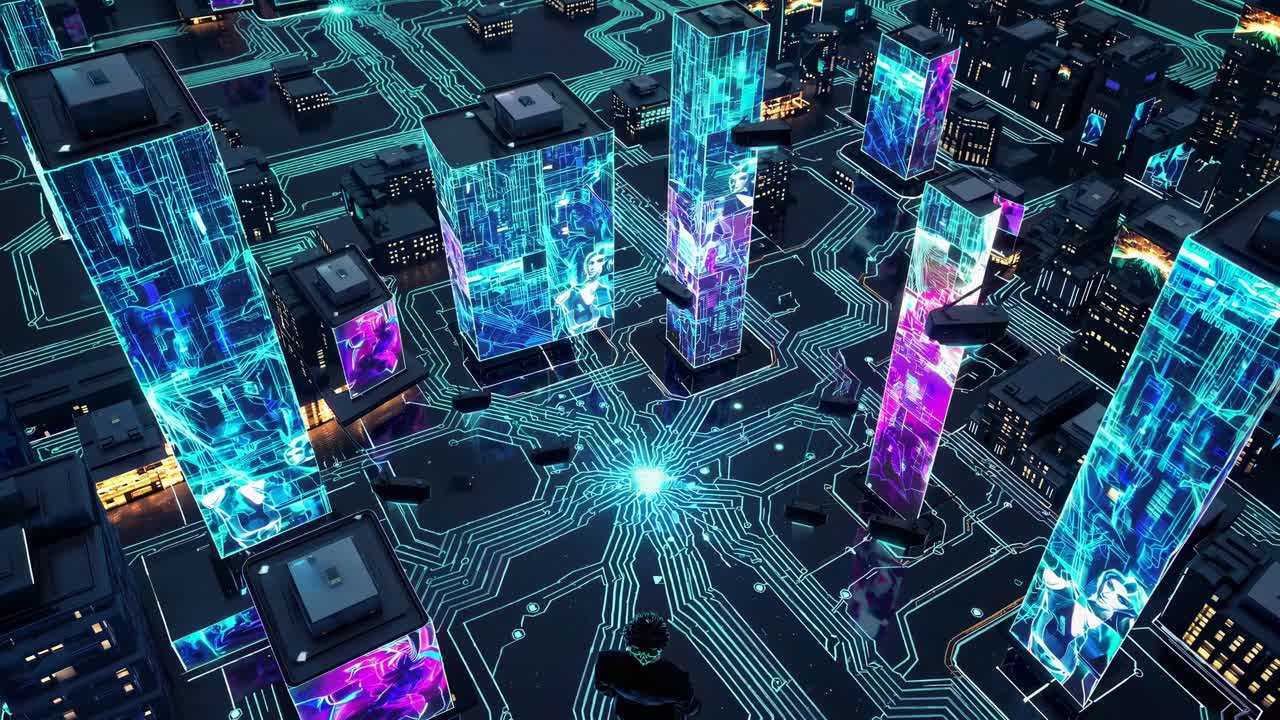 paisaje urbano cyberpunk con proyecciones digitales