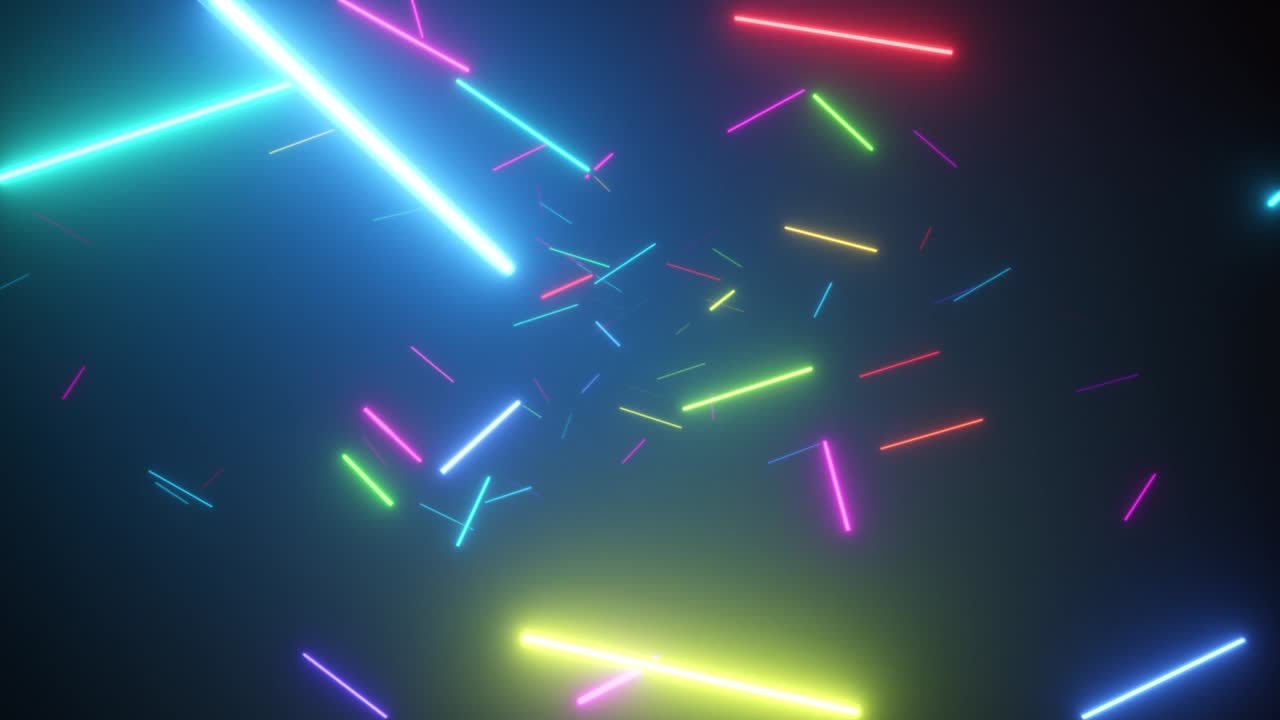 vuelo infinito en el espacio entre las lámparas de neón fluorescentes. espectro del arco iris moderno. renderización de bucle 3d sin costuras.