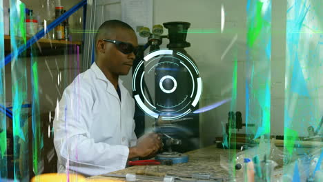 animation of scope scanning over african american male scientist working in lab