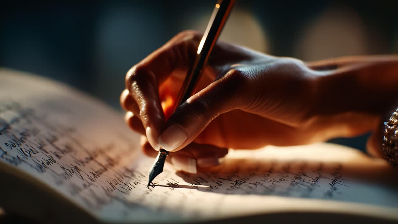 An Elegant Hand Writing Graceful Words with a Fountain Pen on a Page, Capturing the Art of Calligraphy in a Softly Lit Scene Full of Creativity and Inspiration