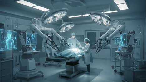 advanced surgical operation with robotic assistance: surgeons utilize innovative technology in state-of-the-art medical facility to perform precision surgery