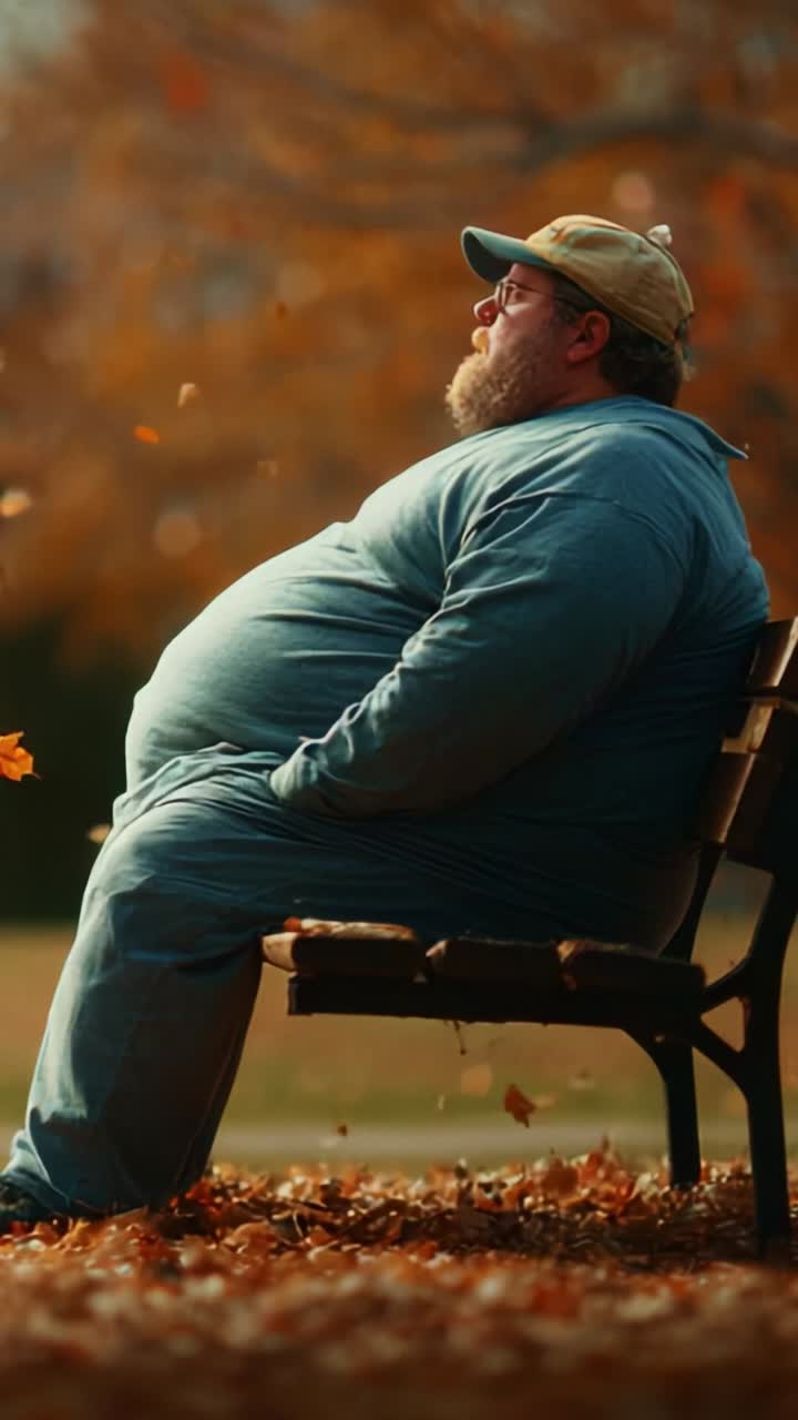 A contemplative moment during autumn: a person sits on a park bench surrounded by vibrant orange and yellow leaves, lost in thought amidst nature's beauty