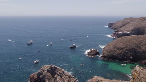 panoramic aerial view of inviting berlengas islands, yachts anchored near coast