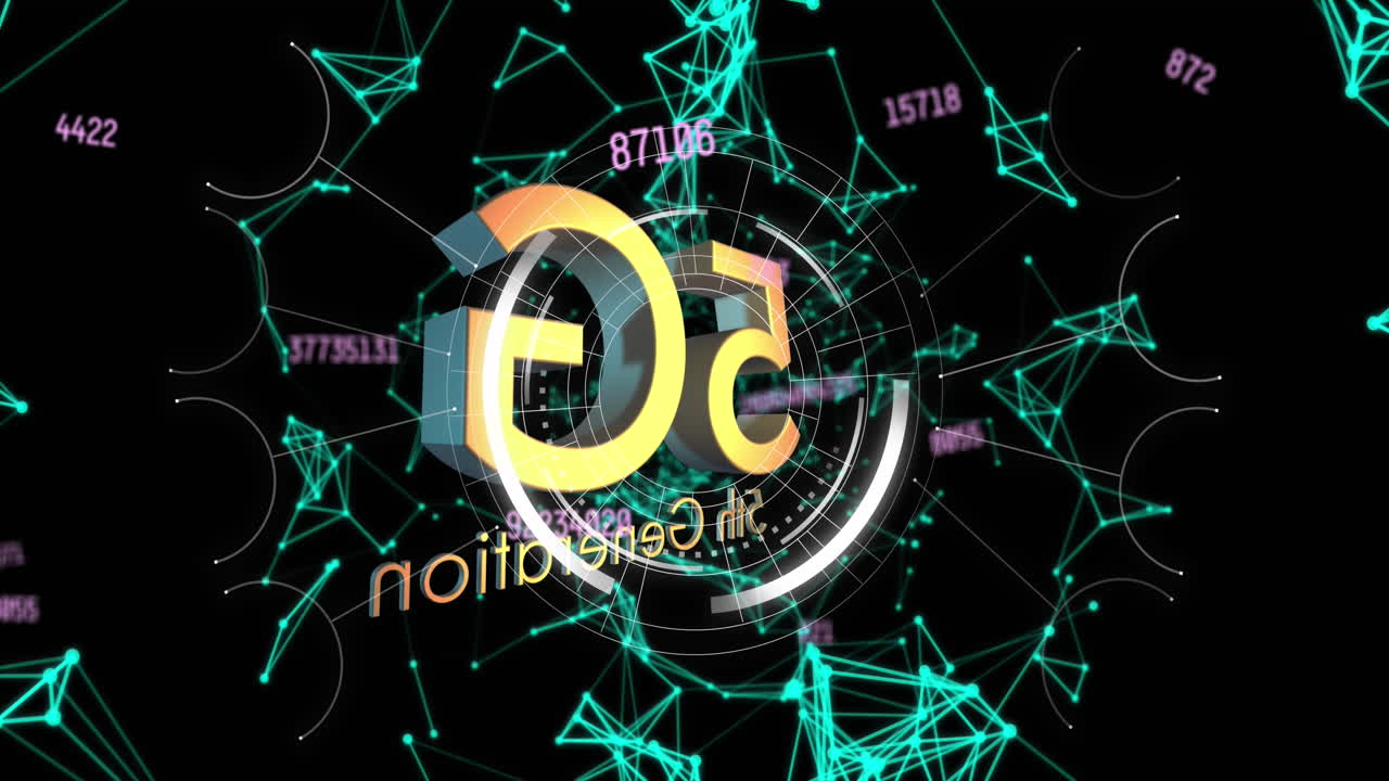 animación de 5g giratorio, texto de quinta generación, números, puntos conectados que forman formas geométricas.