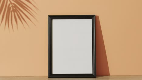 black frame with copy space on white background and shadow of leaf against orange wall