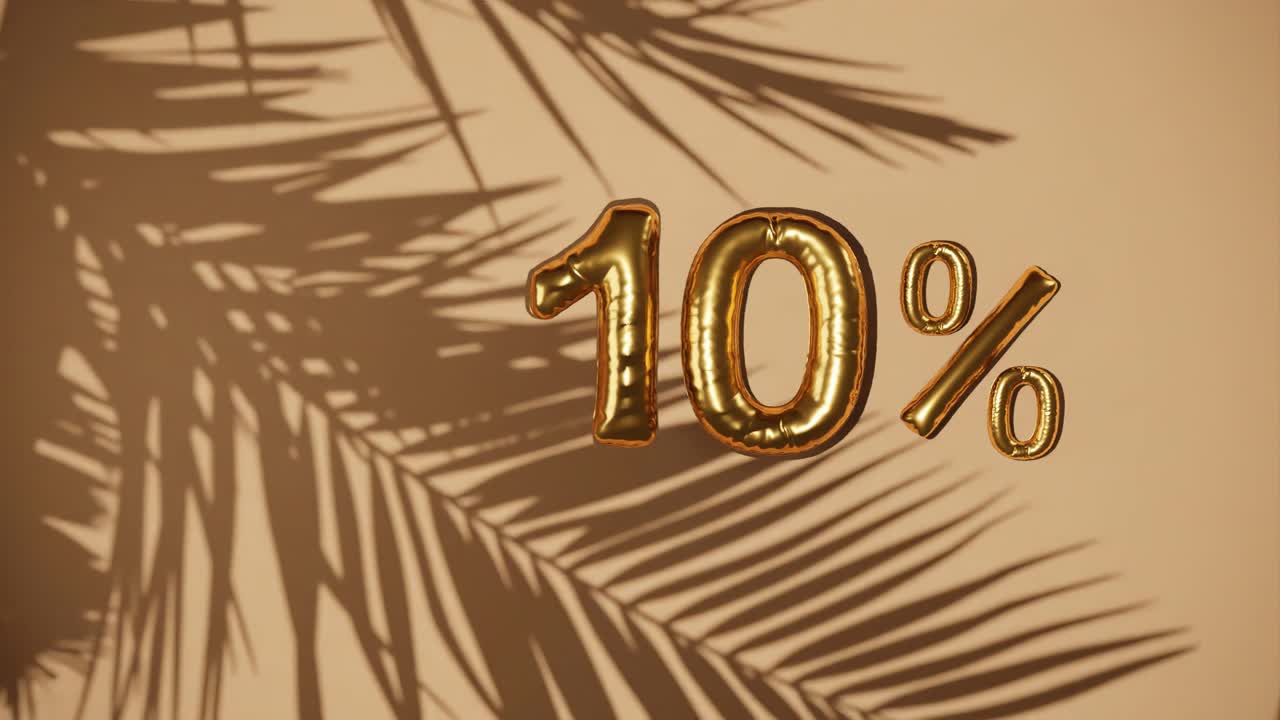 10% descuento porcentual venta en fondo dorado con árbol de palma brisa suave, vacaciones verano venta concepto de animación renderización