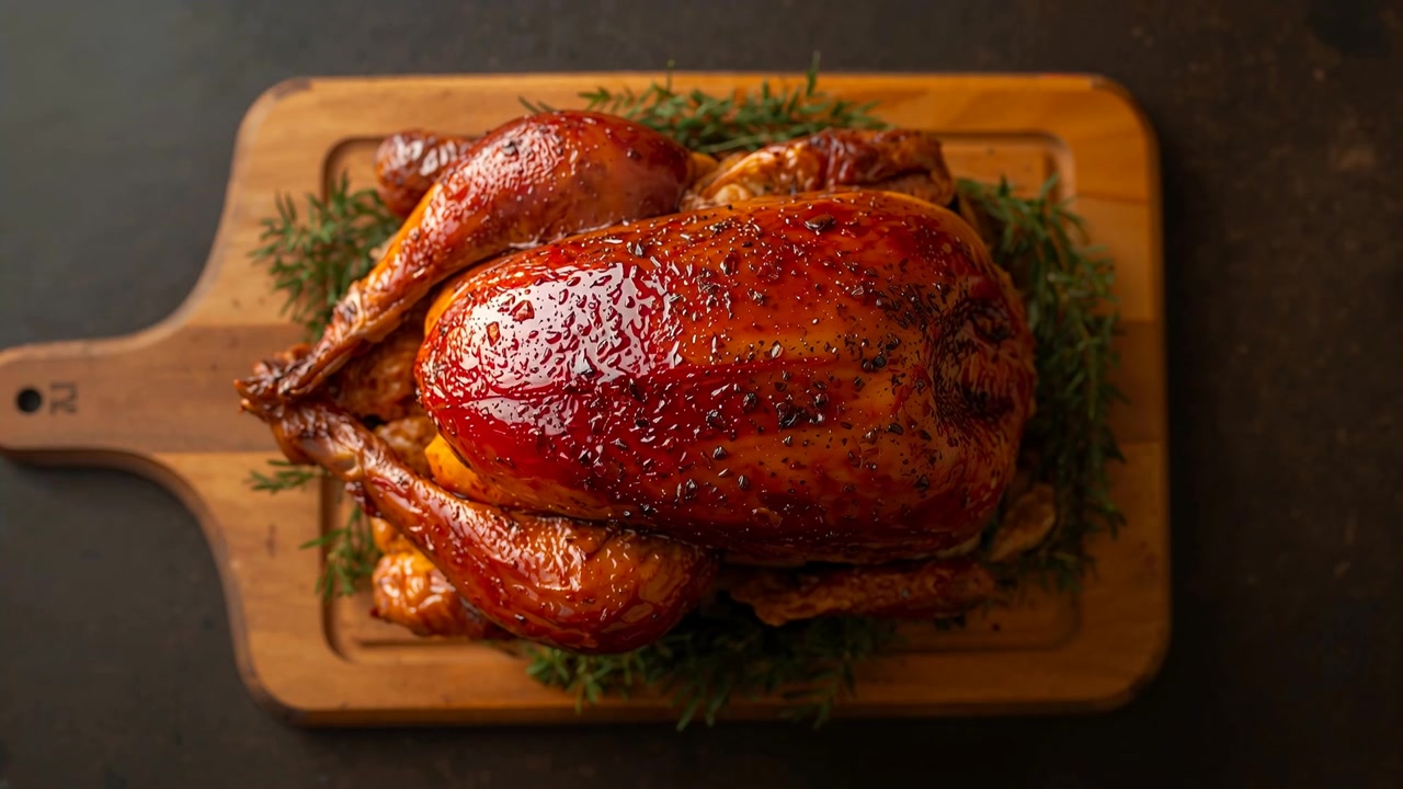 Camera starting showing roasted chicken resting on wooden board, herbs and citrus showcasing roast