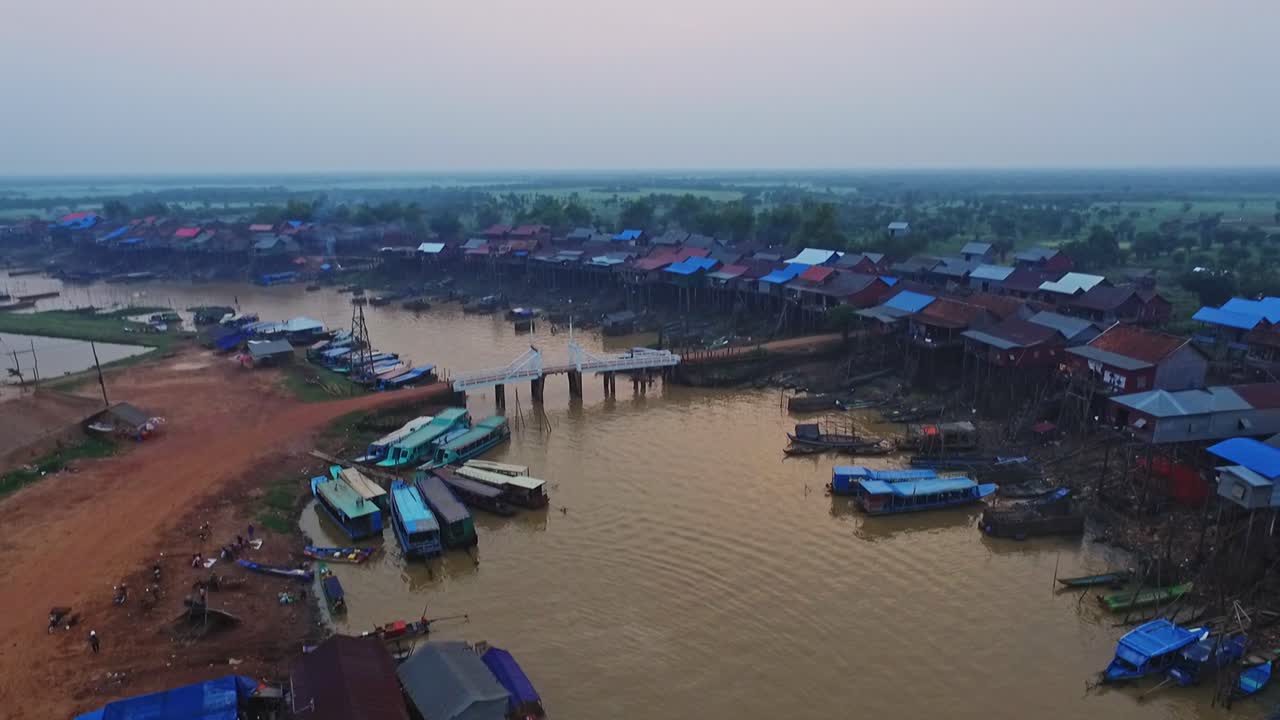A Small Market In The Floating Village in Kompong Khleang - Aerial Shot