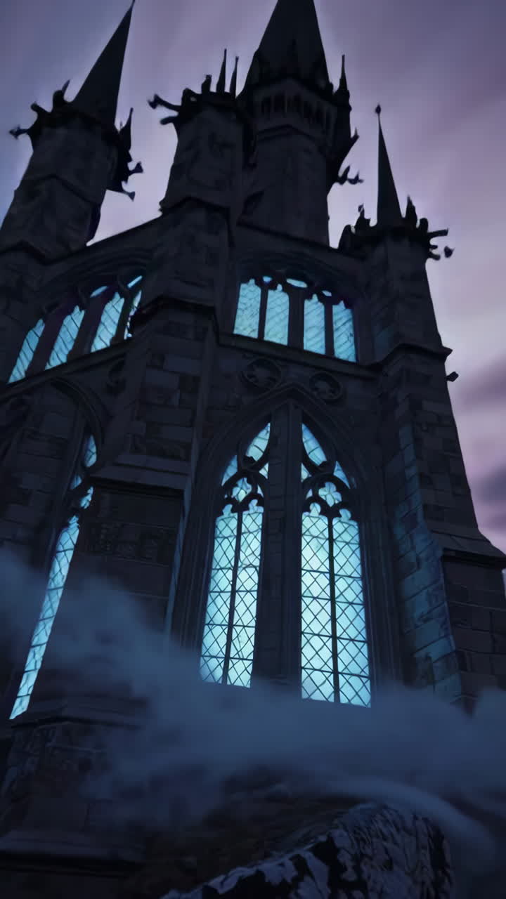 Gothic Church Tower in Foggy Night