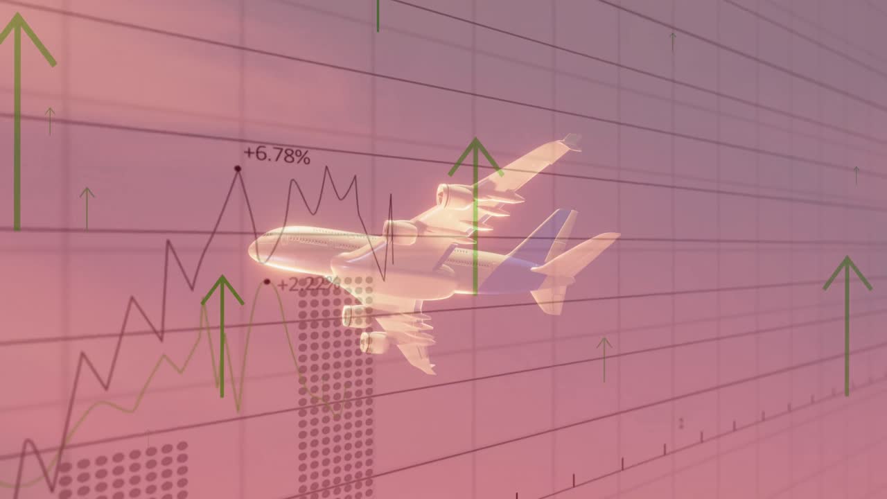 위로 향하는 화살표의 애니메이션, 일몰 하늘에서 날아가는 비행기 위의 그래프 및 데이터 처리.