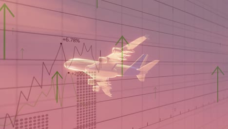 animación de flechas hacia arriba, gráficos y procesamiento de datos sobre aviones que vuelan en el cielo al atardecer.