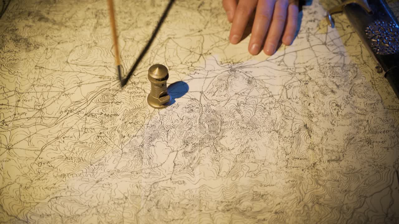 trabajando en un mapa dibujado en la edad media.