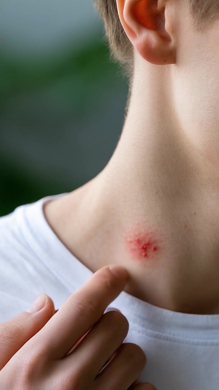 Una Vista Ravvicinata del Collo di una Persona Giovane che Mostra una Lesione Cutanea Infiammata con Arrossamento e Disagio, Indicando Potenziali Problemi di Salute o Irritazione Cutanea